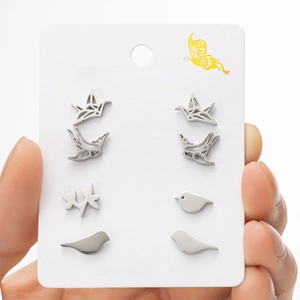 Detailed set of four pairs of stainless steel bird and origami crane stud earrings