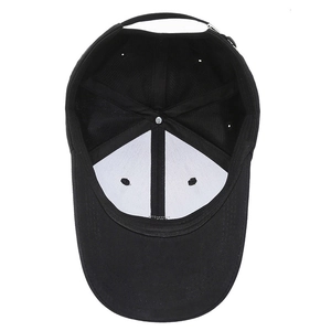 Deep black cotton baseball cap showing interior structural support and metal buckle