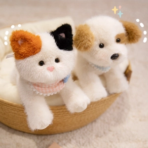 Realistic tricolor cat and spotted puppy plush toys in a cozy pet basket for kids
