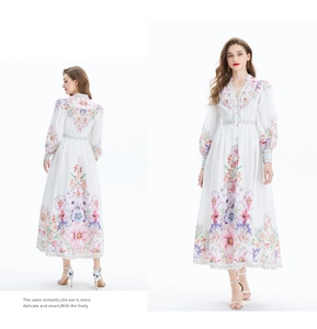 Detailed views of floral print V-neck linen maxi dress with lantern sleeves and waist tie