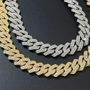 Chunky 14mm Cuban link necklaces in gold and silver finish with double row rhinestones