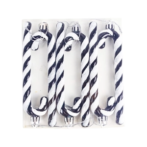 Set of 6 Christmas candy cane ornaments with black and white glitter spiral design