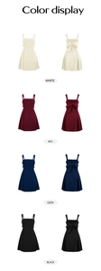 Color display of elegant spaghetti strap dresses with back bow detail in four colors