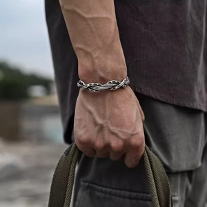 Handcrafted Thai silver hammered braided open bangle bracelet for men in retro style