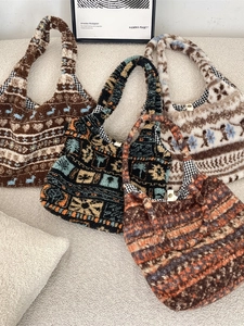 Women Plush Tote Bag Large Capacity Ethnic Bohemian Pattern Faux Fur Soft Casual Shoulder Shopping Handbag Winter