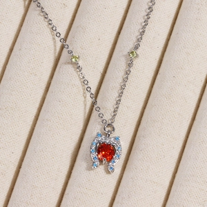 Horseshoe necklace with red heart stone and multicolor crystals on silver chain