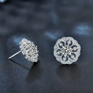 Exquisite 925 sterling silver floral stud earrings with round center stone and sparkling zircons