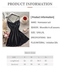 Detailed size guide table for this elegant black imitation silk lace trim nightgown