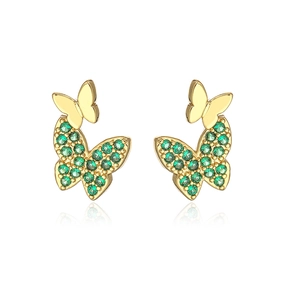 Macro view of gold plated butterfly stud earrings with micro-set green zircon stones