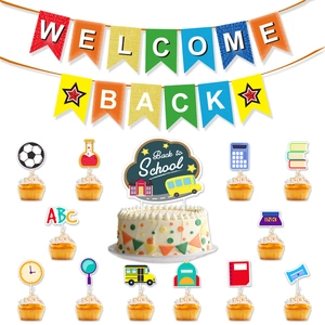 Detailed setup of Welcome Back to School party banner and cake topper stationery set
