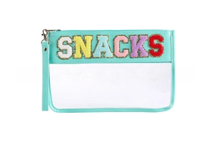 Detail of mint green PVC toiletry bag with glitter Chenille SNACKS patch and wristlet