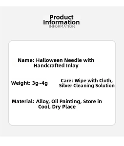 Detailed spec sheet showing materials and size for the Halloween ghost and pumpkin brooch