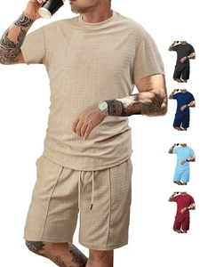 Mens textured waffle knit polo and drawstring shorts set in five versatile colors