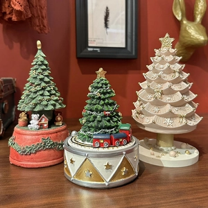 Rotating Christmas Tree Music Box Resin Musical Ornament Festive Desktop Decoration European Vintage Style Holiday Gift