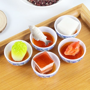 5-piece miniature food set with braised pork and fish in blue and white porcelain bowls
