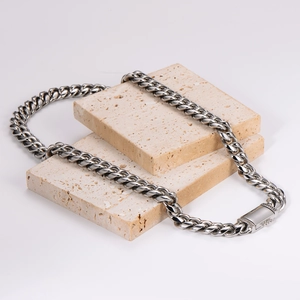 Polished silver stainless steel Cuban link necklace with rectangular flip clasp