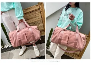 Pink large travel bag with wet-dry separation shown in handheld and shoulder carry modes