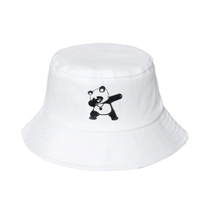 White cotton bucket hat featuring a cute dabbing panda print in a trendy casual style
