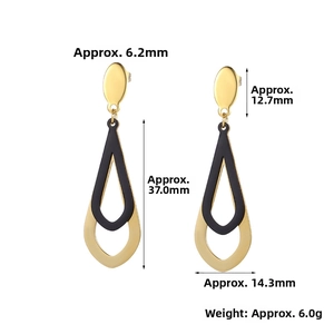 Close-up of teardrop earrings with gold and matte black finish measuring 37mm in length