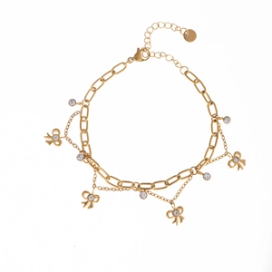 Double-layer gold stainless steel bracelet with bow pendants and zircon crystals