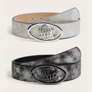 Vintage black and silver belts with oval globe buckle for men and women