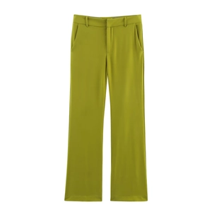 Grass green high-waisted wide leg trousers in a straight drape cut on white background