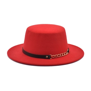 Flat top wool felt boater hat in bright red with black leather band and gold chain