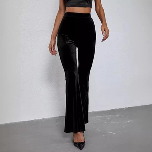 Women High Waist Black Velvet Flared Pants Vintage Slim Fit Bell Bottom Trousers Solid Color Elegant Retro Fashion