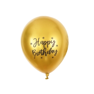 Metallic gold happy birthday balloon with black text and star print on white backdrop