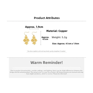 Detailed view of matte gold floral earrings with dimensions and material specs