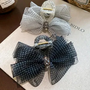 Large Polka Dot Mesh Bow Hair Claw Clip With Rhinestone Acrylic Vintage Elegant Shark Clip For Women