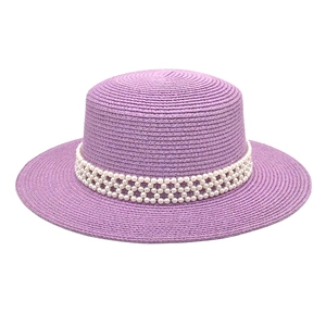 Women Boater Hat Woven Straw Flat Top Wide Brim With Artificial Pearl Trim Summer Sun Protection Breathable Elegant Beach Travel