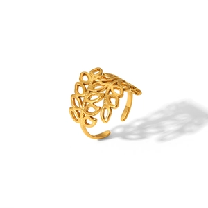 Detailed close-up of adjustable gold hollow leaf ring in durable stainless steel