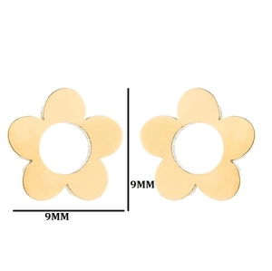 Vue détaillée des boucles d'oreilles fleurs en acier doré de 9 mm avec dimensions
