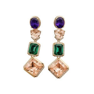 Vintage gold-plated drop earrings with purple, champagne, and green gemstone geometric shapes