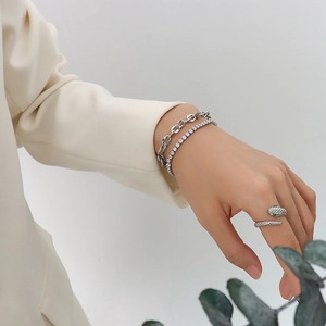 Bracelet Double Couche Acier Titane Zircon Maillons Géométriques Irréguliers Et Chaîne Tennis Pour Femmes Tendance