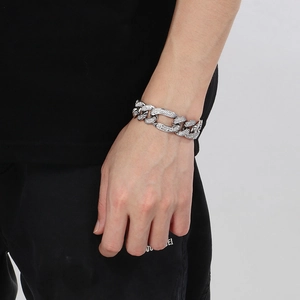 Men hip hop stainless steel iced out 3:1 link chain bracelet with shiny rhinestones