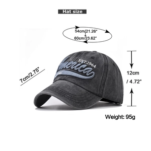 Detailed size specifications of washed cotton America baseball cap with dimensions and weight