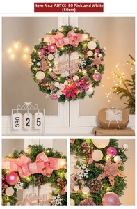 Détail d'une couronne de Noël 50cm rose et blanc avec lumières LED et rubans