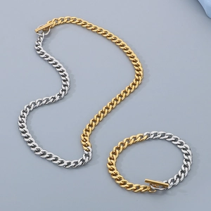Hip hop two-tone gold and silver stainless steel NK chain necklace and bracelet set