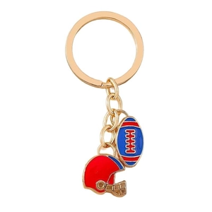 Sports keychain with red blue white football and red helmet pendants on a gold chain