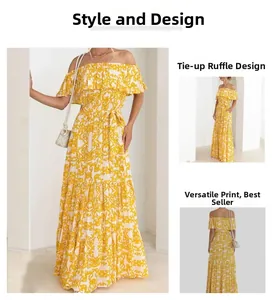 Detailed view of the yellow floral off-shoulder dress featuring a lace-up ruffle neckline