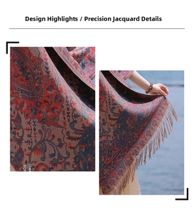 Detailed macro shot of vintage ethnic paisley jacquard scarf with decorative tassels