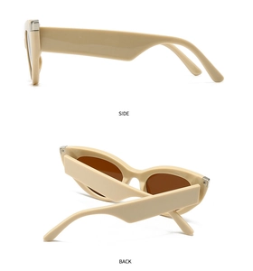 Side and back view of retro cat eye sunglasses with beige frames and dark brown lenses
