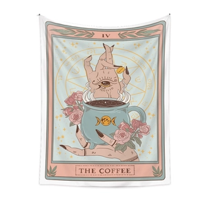 Detail of tarot tapestry featuring mystical hand, coffee cup, and IV Roman numeral