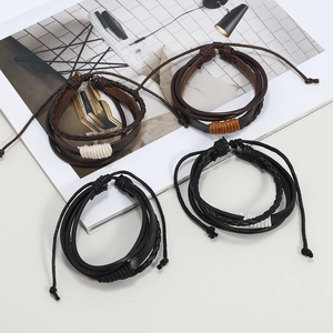 Retro multi-layer woven leather bracelet set for men with adjustable cord design