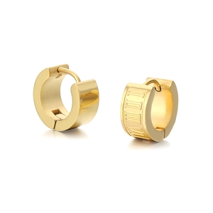 Polished gold stainless steel hoop earrings with Roman numeral engravings and hinge closure