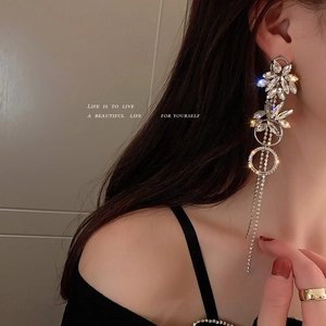 Rhinestone Flower Tassel Drop Earrings With 925 Sterling Silver Earring Post Elegant Long Dangle For Women