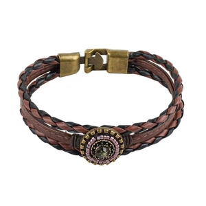 Multilayer braided leather bracelet with vintage brass clasp and dark gemstone