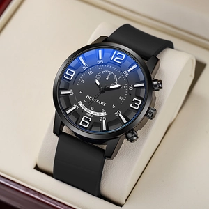 Men's fashion sport watch with black silicone strap and blue dial details in a gift box